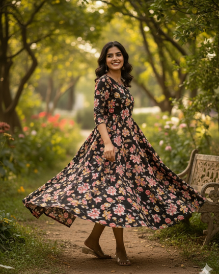 Black Floral Long Anarkali Frock – Umbrella Flair Design