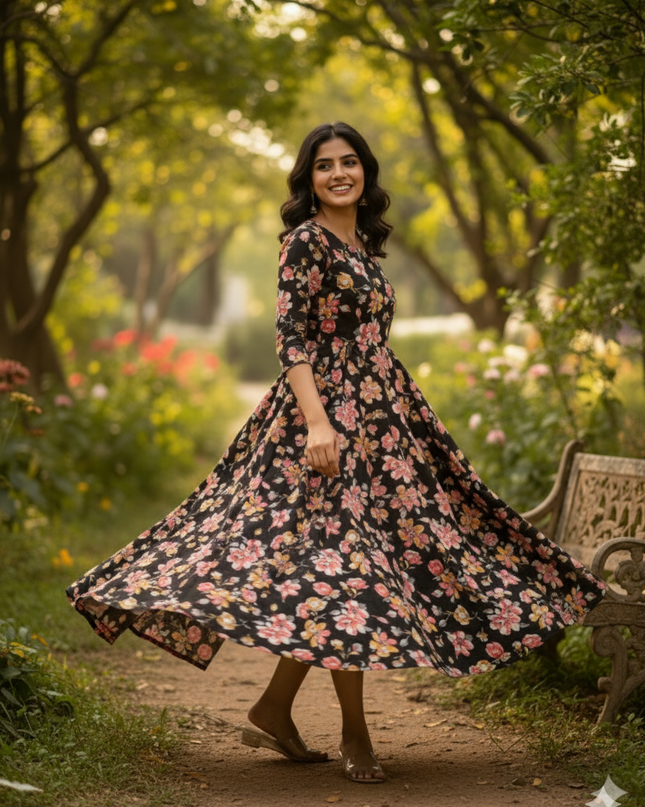 Black Floral Long Anarkali Frock – Umbrella Flair Design
