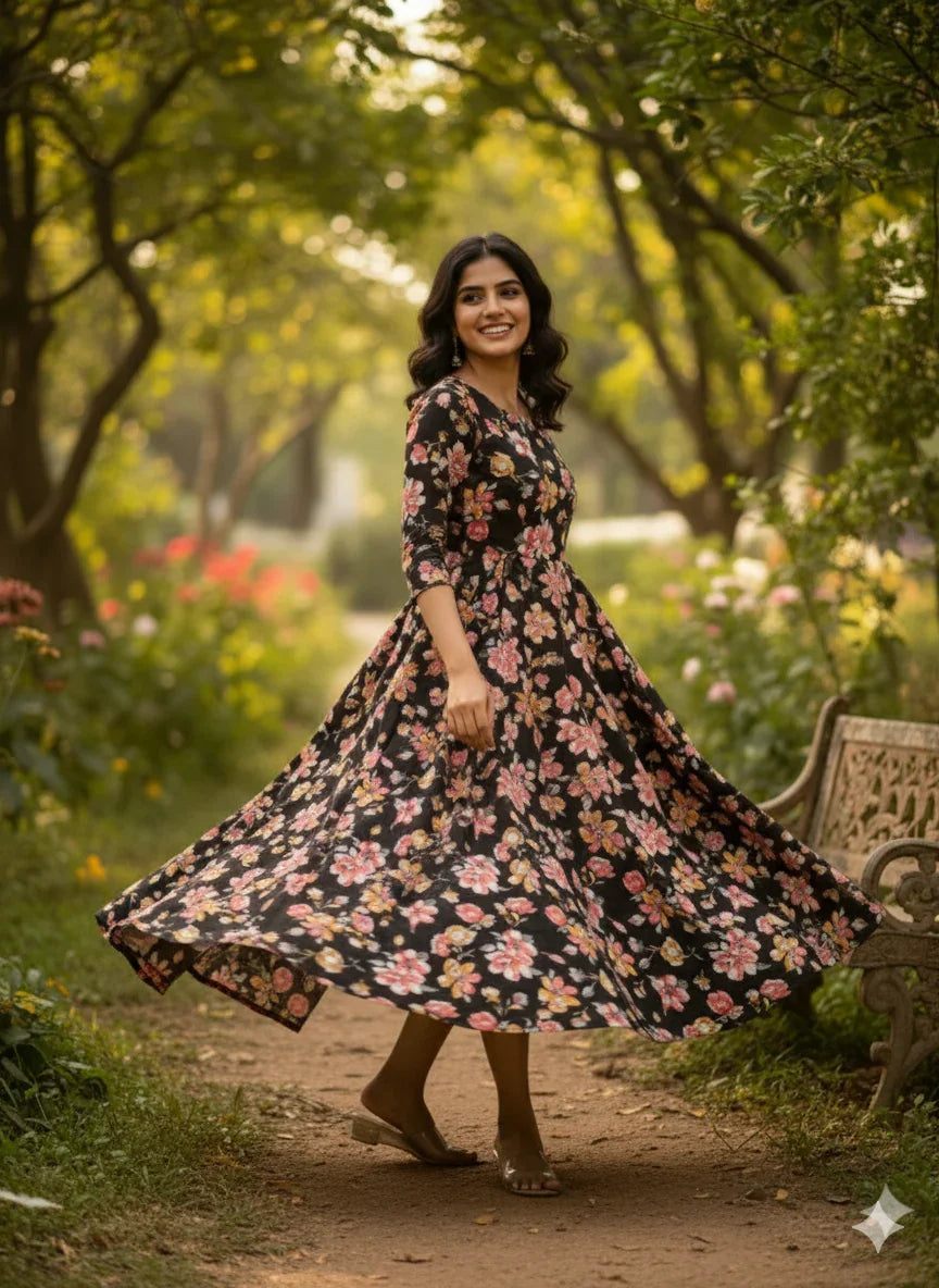 Black Floral Long Anarkali Frock – Umbrella Flair Design