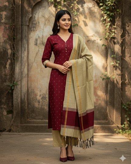 Raw Silk 3pc KurtiSet With Maroon Colour Full Length Lining | Gold Dupatta