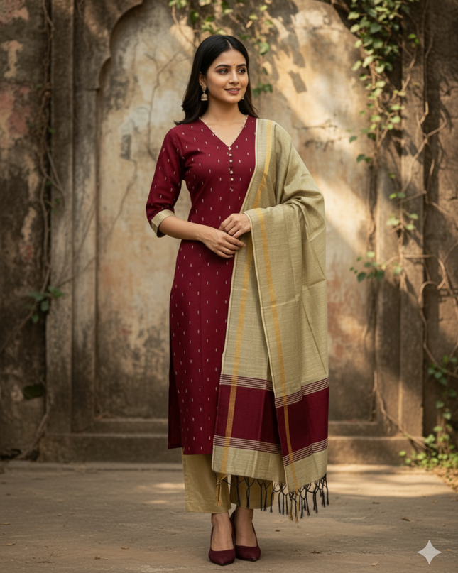 Raw Silk 3pc KurtiSet With Maroon Colour Full Length Lining | Gold Dupatta
