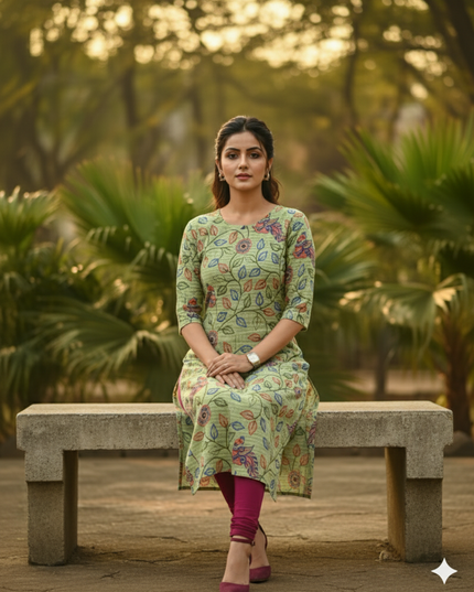 Premium Cotton Straight Cut Kurti – Green Floral Print Design for Women