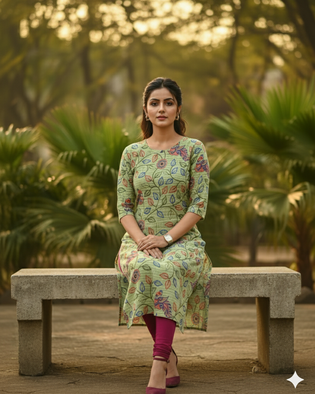 Premium Cotton Straight Cut Kurti – Green Floral Print Design for Women