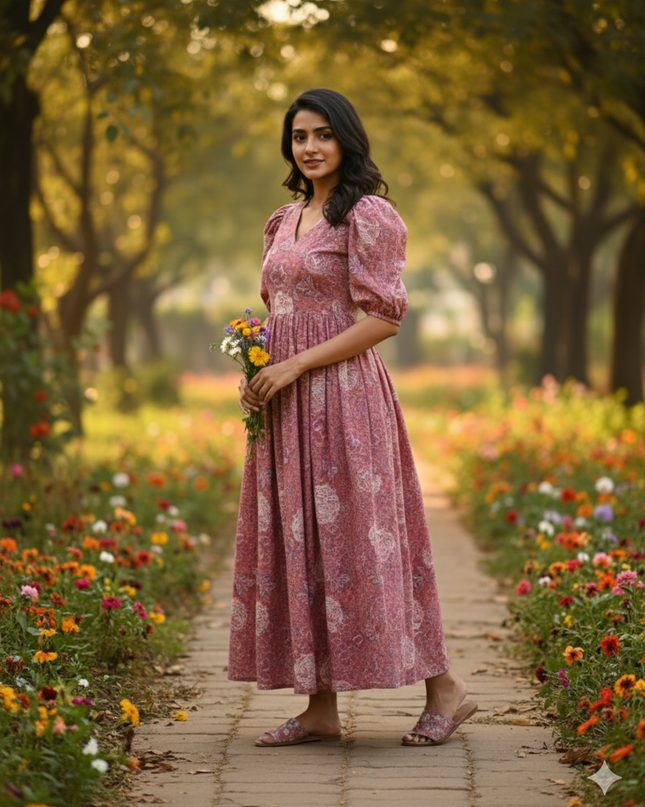 Premium Mul Cotton Frock Grey Pink – Puff Sleeve Design with Knots, Zero Shrinkage