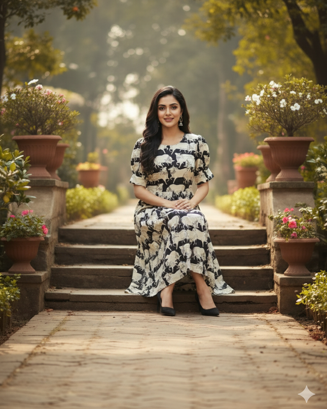 Premium Mul Cotton Frock Black – Puff Sleeve Design with Knots, Zero Shrinkage
