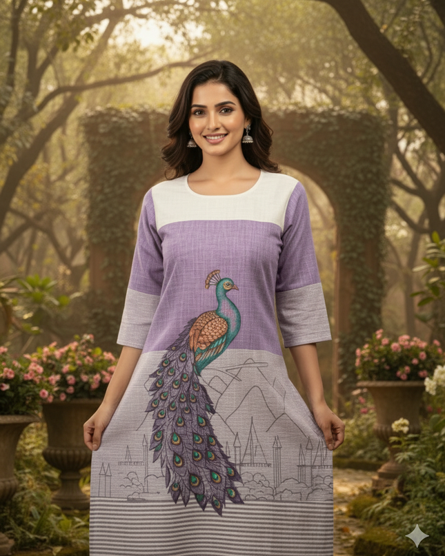 Peacock Design Straight Cut Kurti Lavender with Full Length Lining