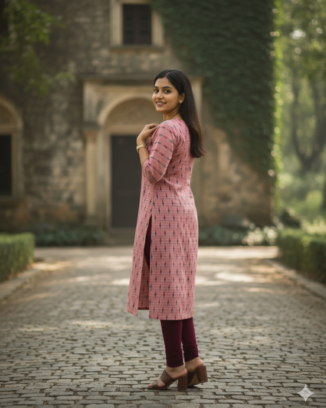 Premium Cotton Straight Cut Kurti – Pink Floral Print Design for Women