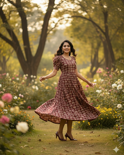 Premium Mul Cotton Frock Maroon – Puff Sleeve Design with Knots, Zero Shrinkage