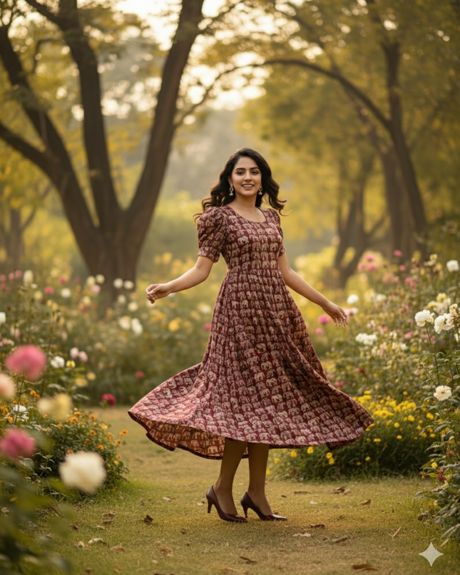 Premium Mul Cotton Frock Maroon – Puff Sleeve Design with Knots, Zero Shrinkage