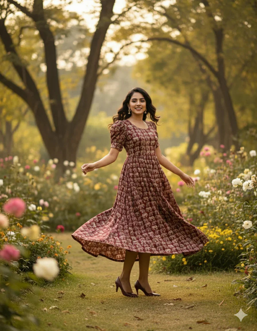 Premium Mul Cotton Frock Maroon – Puff Sleeve Design with Knots, Zero Shrinkage