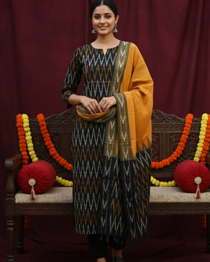 Premium Ikkat 3 Piece Stitched Set – Ready to Wear Kurta, Bottom & Dupatta – Black Colour Handloom Ethnic Wear