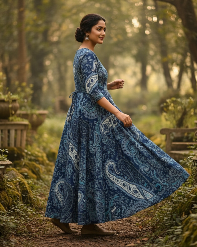 Blue Floral Long Anarkali Frock – Umbrella Flair Design