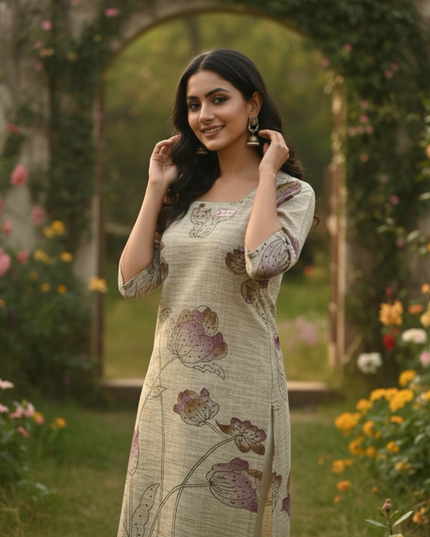 Premium Cotton Straight Cut Kurti – Biscuit Floral Print Design for Women