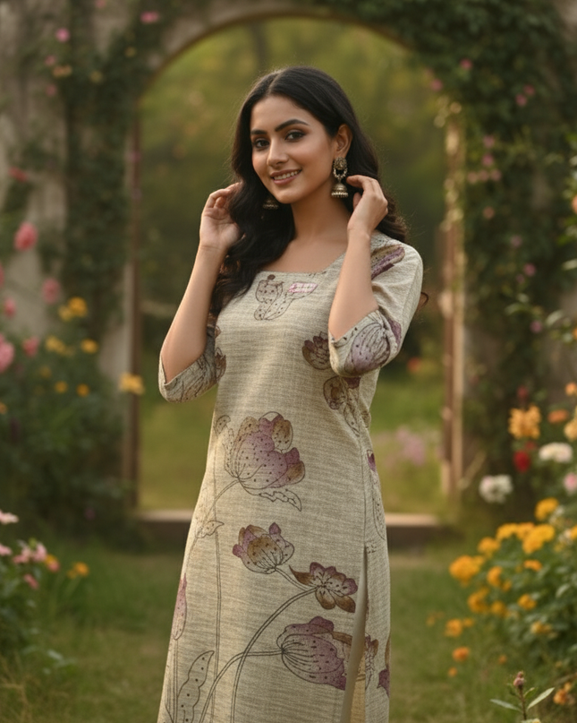 Premium Cotton Straight Cut Kurti – Biscuit Floral Print Design for Women