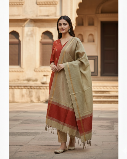 Raw Silk 3pc KurtiSet With Brick Colour Full Length Lining | Gold Dupatta