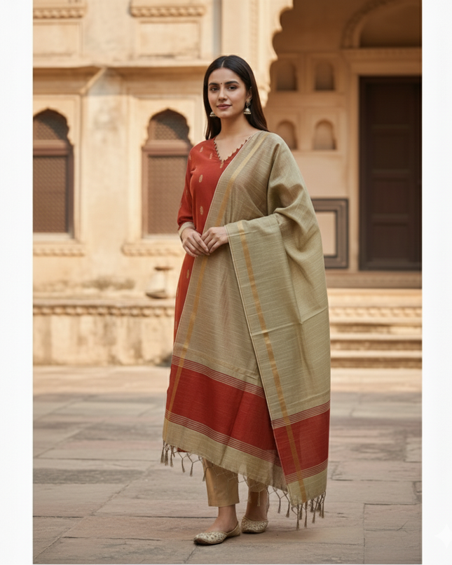 Raw Silk 3pc KurtiSet With Brick Colour Full Length Lining | Gold Dupatta
