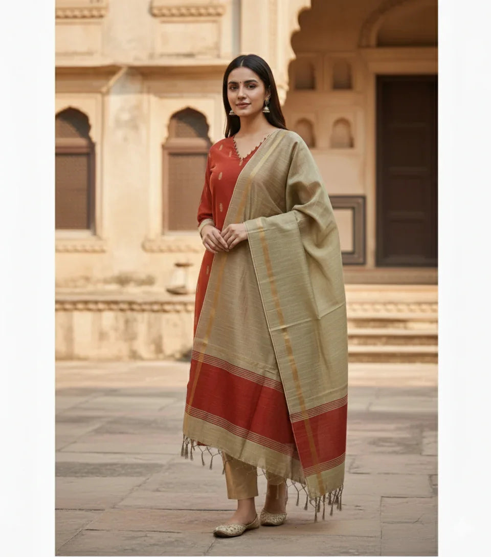 Raw Silk 3pc KurtiSet With Brick Colour Full Length Lining | Gold Dupatta