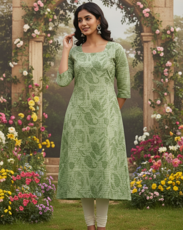 Premium Straight Cut Kurti – Green Colour with Beautiful Floral Print