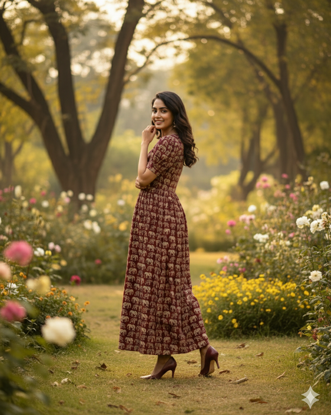 Premium Mul Cotton Frock Maroon – Puff Sleeve Design with Knots, Zero Shrinkage