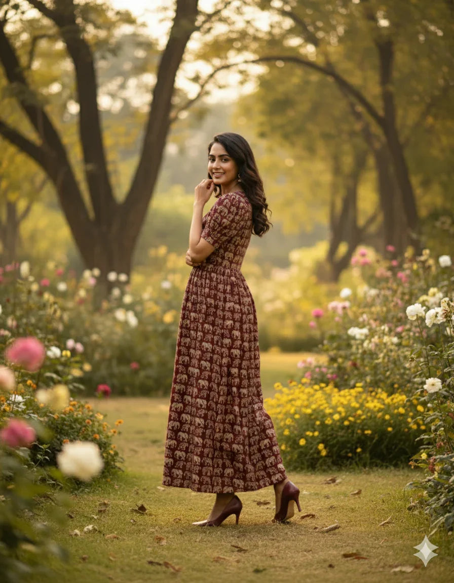 Premium Mul Cotton Frock Maroon – Puff Sleeve Design with Knots, Zero Shrinkage
