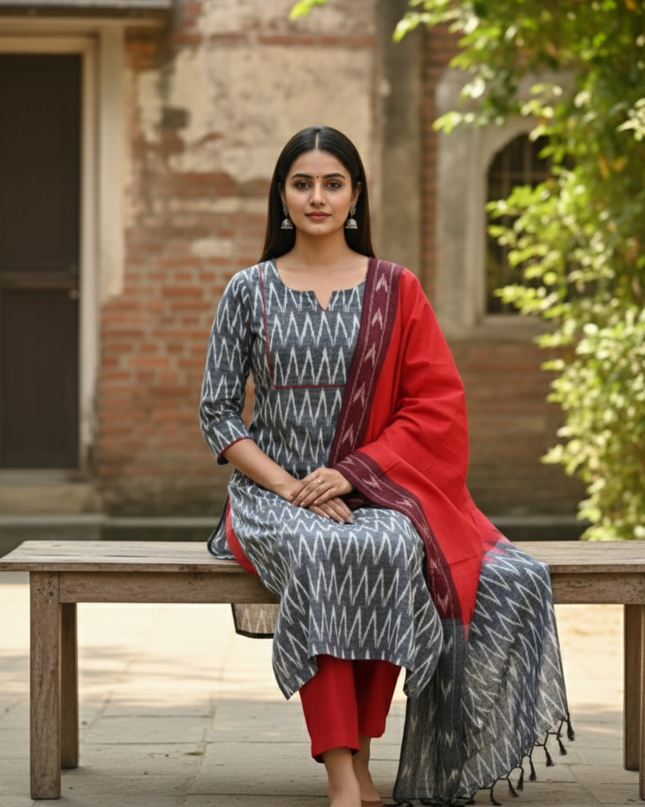 Premium Ikkat 3 Piece Stitched Set – Ready to Wear Kurta, Bottom & Dupatta –Light Gray Colour Handloom Ethnic Wear