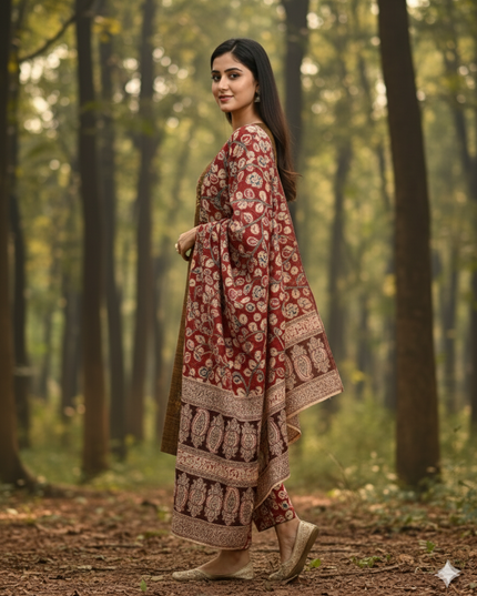 Kalamkari 3pc Set with Embroidery & Mirror Work Dark Brown