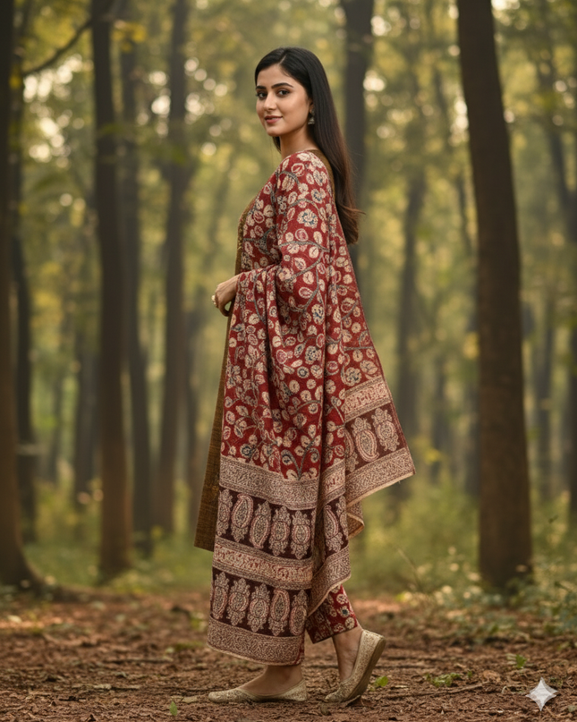 Kalamkari 3pc Set with Embroidery & Mirror Work Dark Brown