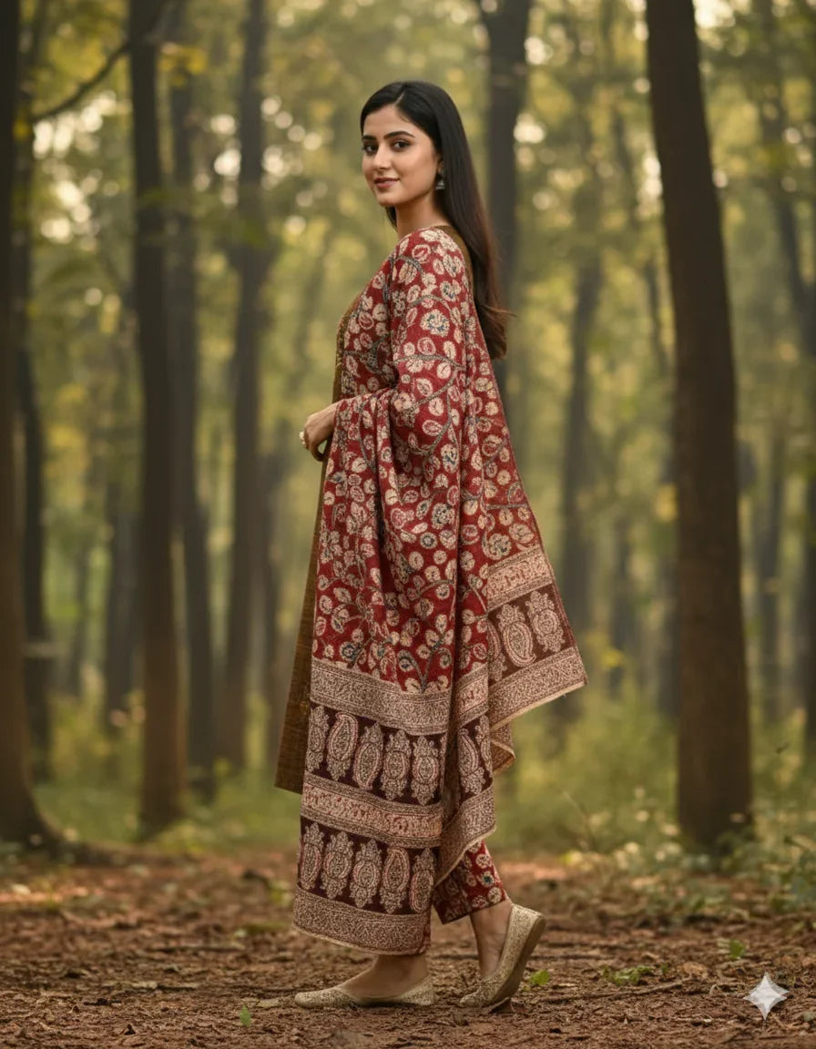 Kalamkari 3pc Set with Embroidery & Mirror Work Dark Brown