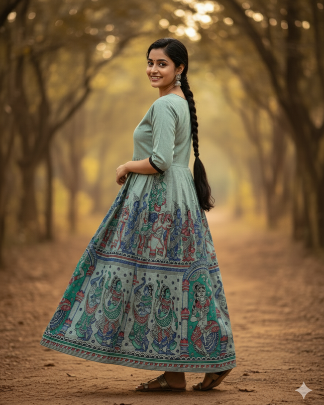 Ramayanam Cotton Frock Pastel Sage Green – Premium Ethnic Wear for Women & Girls