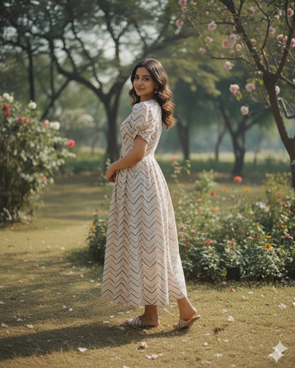 Premium Mul Cotton Frock Cream – Puff Sleeve Design with Knots, Zero Shrinkage