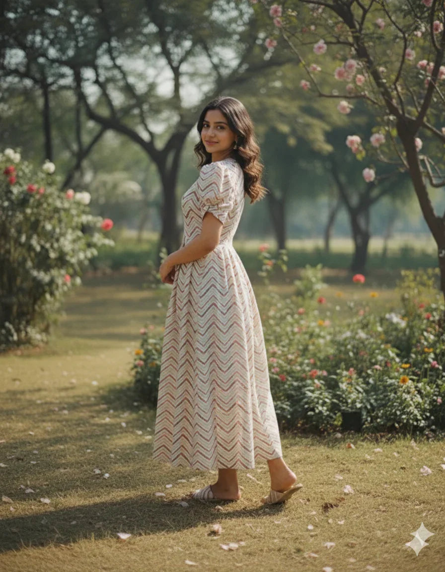 Premium Mul Cotton Frock Cream – Puff Sleeve Design with Knots, Zero Shrinkage