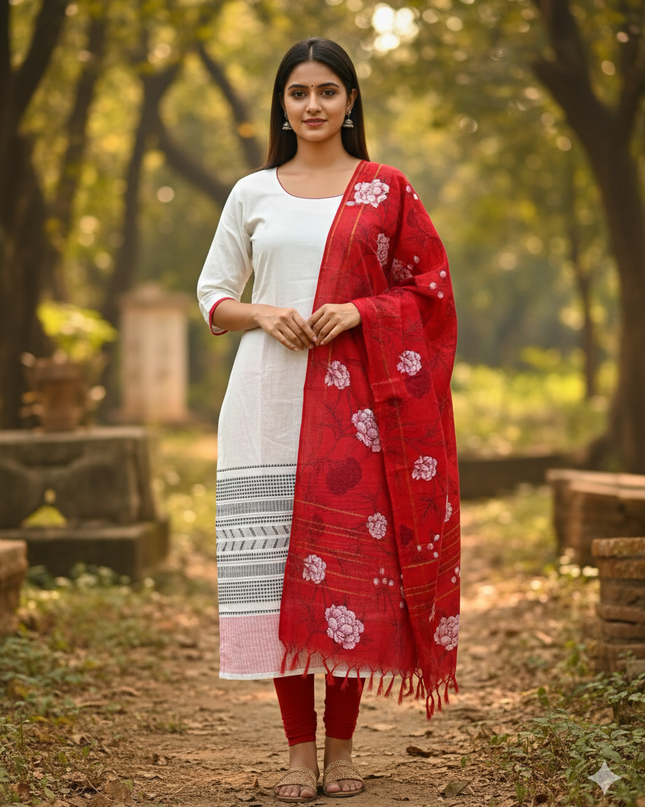 Jacquard Kurti Set Half White & Red – Elegant Straight Cut Style for Women
