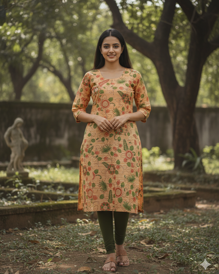 Premium Cotton Straight Cut Kurti Orange – Elegant Floral Print for Women