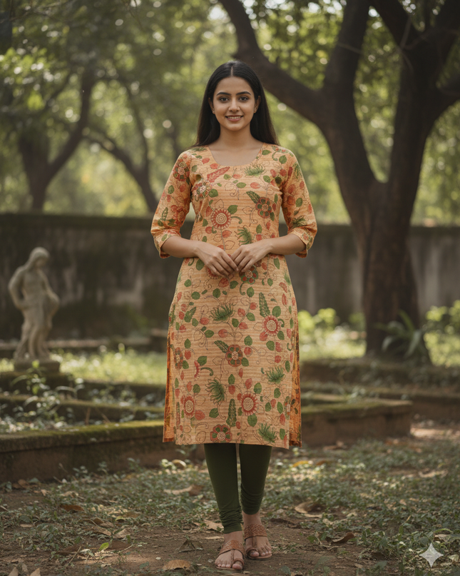 Premium Cotton Straight Cut Kurti Orange – Elegant Floral Print for Women