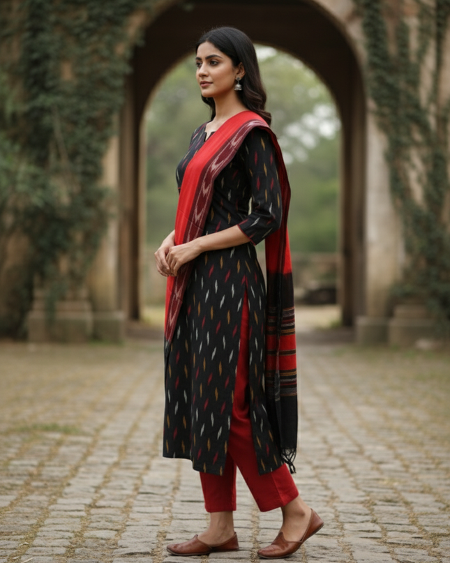 Premium Ikkat 3 Piece Stitched Set – Ready to Wear Kurta, Bottom & Dupatta – Black Colour Handloom Ethnic Wear