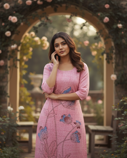 Premium Straight Cut Kurti – Pink Colour with Beautiful Floral Print