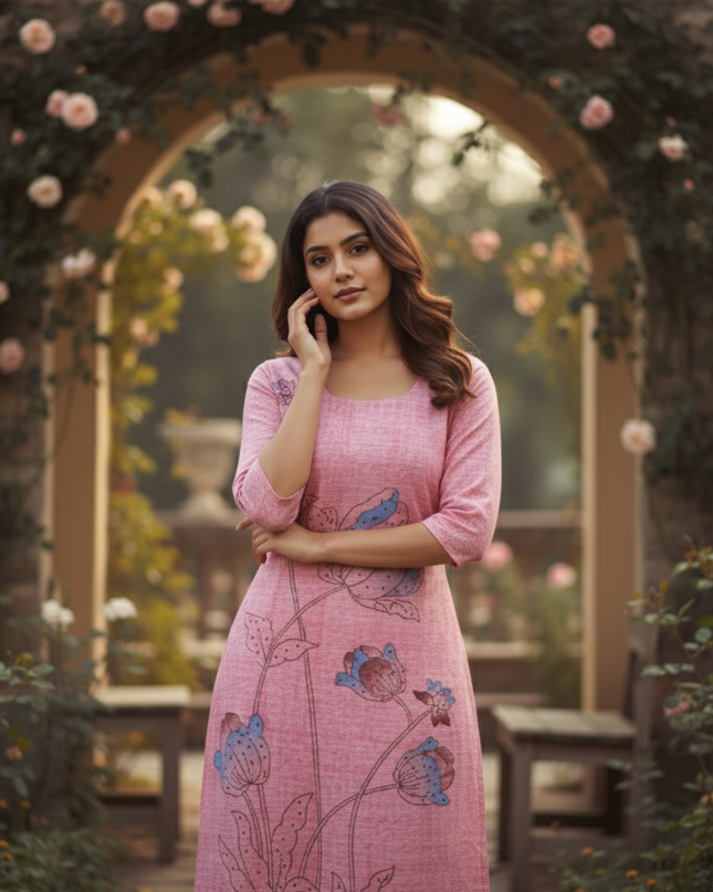 Premium Straight Cut Kurti – Pink Colour with Beautiful Floral Print