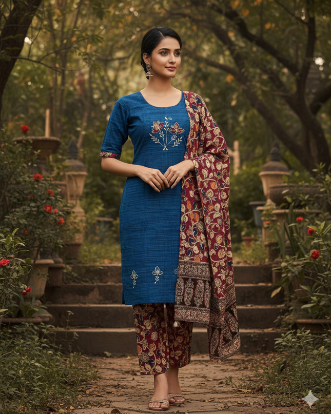Kalamkari 3pc Set with Embroidery & Mirror Work Skyblue