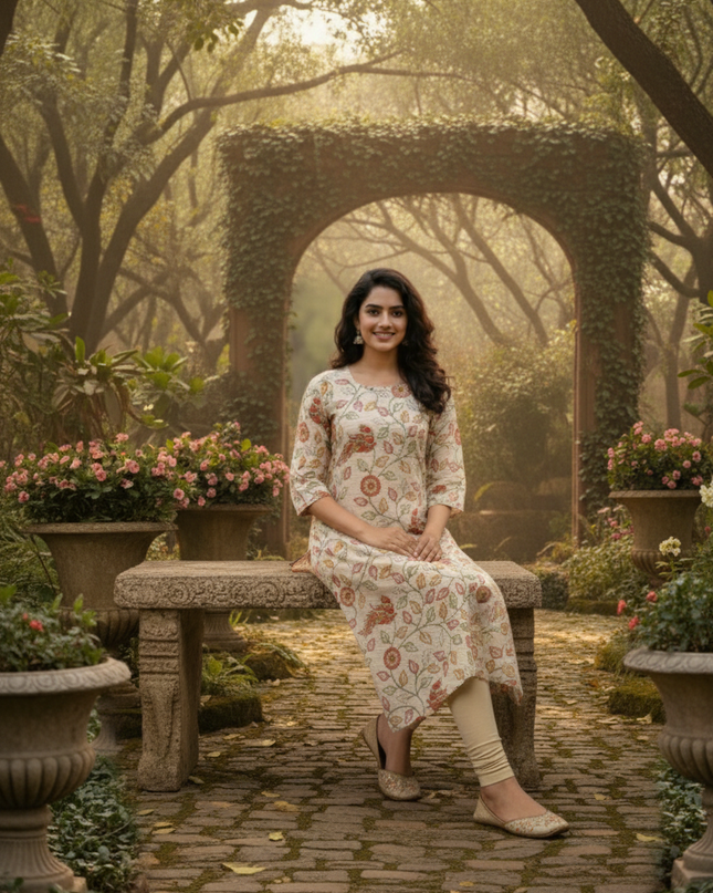 Premium Straight Cut Kurti – Cream Colour with Beautiful Floral Print