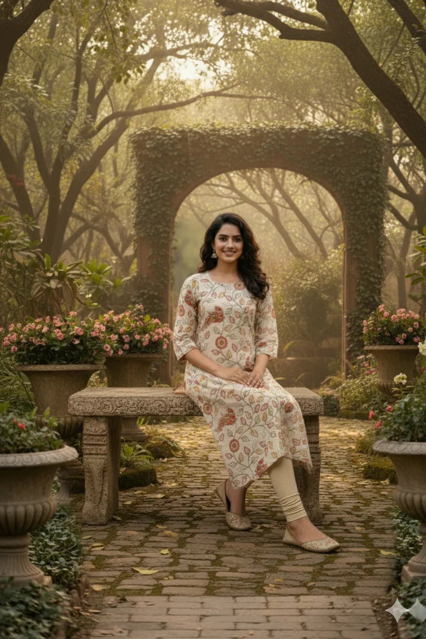 Premium Straight Cut Kurti – Cream Colour with Beautiful Floral Print