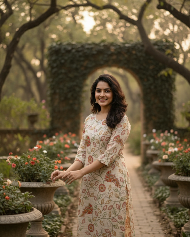 Premium Straight Cut Kurti – Cream Colour with Beautiful Floral Print