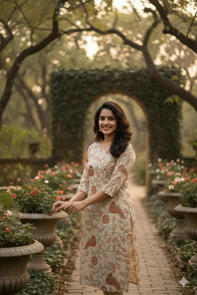 Premium Straight Cut Kurti – Cream Colour with Beautiful Floral Print
