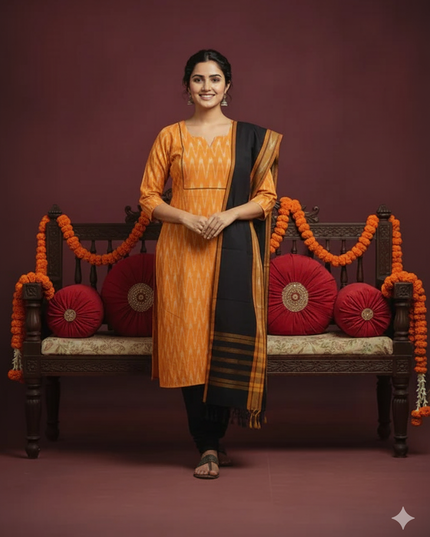 Premium Ikkat 3 Piece Stitched Set – Ready to Wear Kurta, Bottom & Dupatta – Yellow Handloom Ethnic Wear