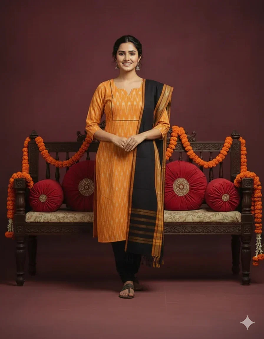 Premium Ikkat 3 Piece Stitched Set – Ready to Wear Kurta, Bottom & Dupatta – Yellow Handloom Ethnic Wear