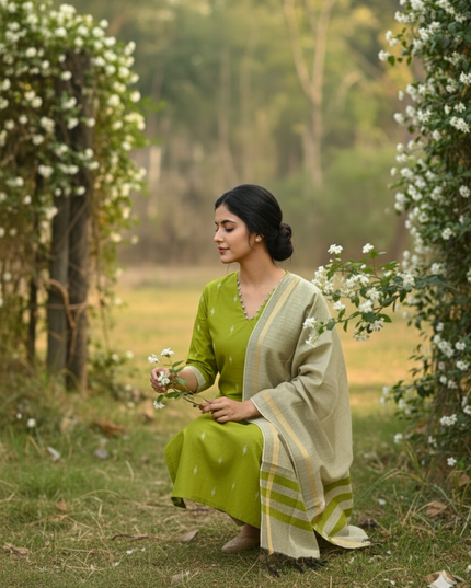 Raw Silk 3pc KurtiSet With Green Colour Full Length Lining | Gold Dupatta