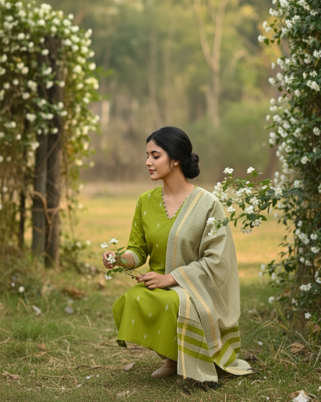 Raw Silk 3pc KurtiSet With Green Colour Full Length Lining | Gold Dupatta