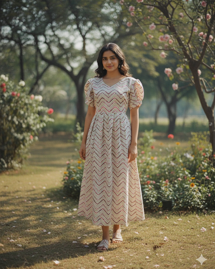 Premium Mul Cotton Frock Cream – Puff Sleeve Design with Knots, Zero Shrinkage