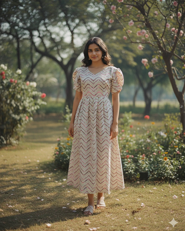 Premium Mul Cotton Frock Cream – Puff Sleeve Design with Knots, Zero Shrinkage