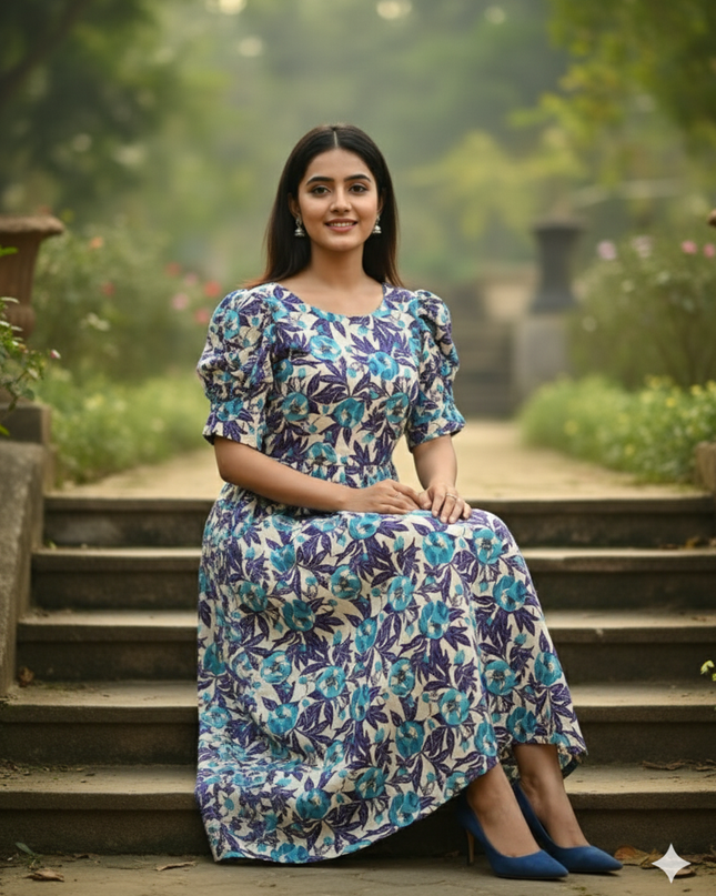 Mul Cotton Frock – Cream Colour, Puff Knot Sleeves, Comfortable & Zero Shrinkage