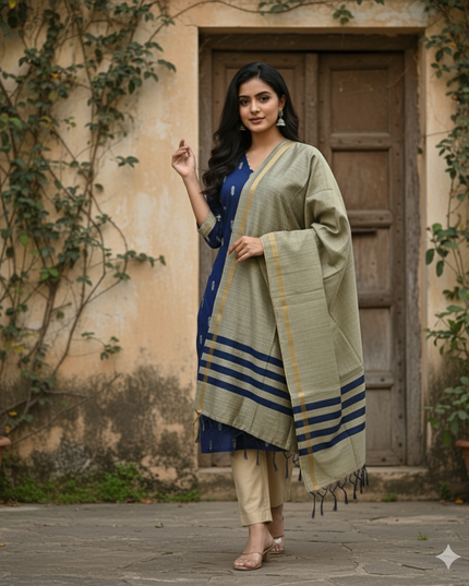 Raw Silk 3pc KurtiSet With Blue Colour Full Length Lining | Gold Dupatta